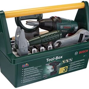 Theo Klein 8429 Caja de herramientas Bosch I Con sierra, martillo, alicates y mucho más I Destornillador eléctrico a pilas I Juguete para niños a partir de 3 años