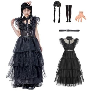 ZUCOS Disfraz de Miércoles para Niñas Disfraces de Halloween Fiesta Cosplay Espectáculo Escénico Vestido de tul 7-9 años