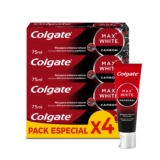 Colgate Max White con Carbón Activado Pasta de Dientes Blanqueadora, Pack 4x75ml, Clínicamente Comprobada que Elimina hasta el 100% de las Manchas Superficiales, Ingredientes de Origen Natural