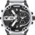 Diesel Reloj para hombre Mega Chief, movimiento cronógrafo de cuarzo, caja de acero inoxidable plateado de 59 mm con correa de acero inoxidable, DZ4308