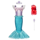 BSBUY Disfraz Sirenita Niña, Disfraz Princesa Niña de la Sirena con Peluca Corona y Varita Mágica, Vestido Sirenita Niña, Disfraz Halloween Niña para Carnaval Fiesta Cumpleaños, 150cm