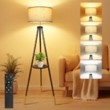 OUTON Lampara de Pie Trípode de Madera, Lámpara de Pie Moderna Regulable con Control Remoto, 4 Temperaturas de Color, Temporizador de 1H, Pantalla de Lino para Salon, Dormitorio, Oficina(Negro Dorado)