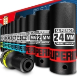 KIRXST Juego de 11 Piezas Vasos de Impacto 1/2″, 10-24 mm Llaves de Vasos Impacto Set, con Adaptador 1/2″ a 1/4″, Dados de Impacto Para Muebles, Auto Reparación