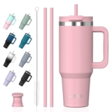 WATERSY 891 ml Termo con Asa, Taza Termica Rosa de Café Acero Inoxidable para Frío y Caliente, 30oz Vaso Termico con 2 Pajita, Travel Mug Doble Pared, para Gimnasio, Viaje