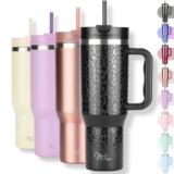 Milu Termico con Asa y Pajita 1200ml, Botella de Agua Acero Inoxidable Aislado, Taza térmica, Vaso de viaje para café helado, 24h helado / 12h caliente – 40oz (Black Leopard, 1200ml)