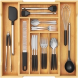 Lifewit Organizador Cubiertos de Cajon, 47 cm de Profundidad, Bandeja Utensilios Extensible de Hasta 50 cm de Ancho, Separador de Cocina Armario, Accesorios de Bambú de Cuchara/Tenedor/Cuchillo