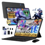 Tablet Android 15 Octa-Core 2.0GHz｜30GB RAM + 128GB ROM（Expandible 2TB ）｜8000mAh｜5G WiFi /Bluetooth 5.0｜Cámara Dual｜GMS Certificación Widevine L1｜5MP+8MP｜Tablet 10 Pulgadas con Teclado y Raton – Negro