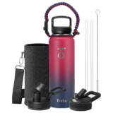 Trebo – Botella de agua de 40 onzas con 3 tapas y asa, botella de acero inoxidable con aislamiento al vacío, apta para exteriores, a prueba de fugas, sin BPA, jarra para mantener el agua fría durante