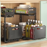 YunNasi 2-Pieza Organizador Bajo Fregadero Cocina Lavabo 2 Niveles Metal Deslizable Estante Almacenamiento Debajo Fregadero para Cocina Baño con Altura Ajustable(Negro-2 Piezas)