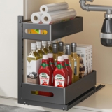 YunNasi Organizador Bajo Fregadero Deslizable Cocina 2 Niveles Negro | 4 Ganchos, Altura Ajustable, Estante de Especias Acero Inoxidable, Estante para Cocina Baño