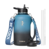 Coolflask – Botella de agua de 64 onzas aislada con asa, jarra de agua de medio galón con pajilla de acero inoxidable de doble pared al vacío, termo grande a prueba de fugas, mantiene el frío 48 horas
