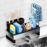 HONZUEN Organizador Fregadero con Porta Estropajos, Negro | Acero inoxidable y PP | Cocina | 25 × 12,5 × 23 cm | Drenaje 360° | Para fregaderos estándar