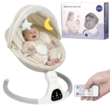 JFOVMCYG Columpio eléctrico para recién nacido con control remoto, 5 velocidades de balanceo, temporizador 8/15/30 min, arnés de 5 puntos, asiento lavable, estructura estable – Blanco Marfil