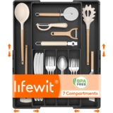 Lifewit Cuberteros para Cajón de Cocina, Organizador Cubiertos de Plástico, Almacenamiento para Cuchillos, Tenedores y Cucharas, de 4 a 7 Compartimentos, Extensible de 22,5–36 cm de Ancho, Negro