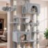 Hzuaneri 176 cm Árbol para Gatos, Casa para Gatos con Mueble para Bandeja Higiénica, Soporte para Comedero Elevado, Cuerda de Sisal, Hamaca y Cojín Lavable, Marfil Claro CB89105WT
