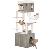 Hzuaneri 176 cm Árbol para Gatos, Casa para Gatos con Mueble para Bandeja Higiénica, Soporte para Comedero Elevado, Cuerda de Sisal, Hamaca y Cojín Lavable, Marfil Claro CB89105WT