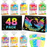 48 Kits de Scratch Art para Niños, Detalles Cumpleaños Niños | Relleno para Piñatas con Plantillas y Lápices de Madera, Regalos Cumpleaños Niños Colegio de 3 a 12 años
